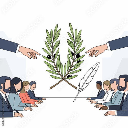 Illustration of a business meeting with hands pointing at a laurel wreath and a quill pen.