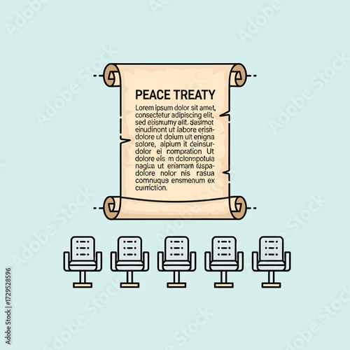 Illustration of a peace treaty scroll with chairs representing a negotiation or agreement.