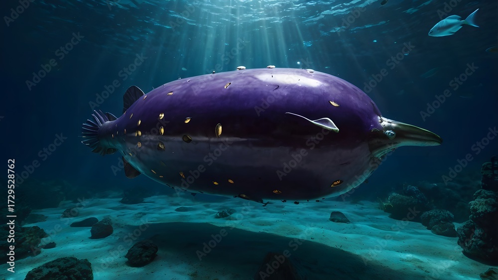 Fototapeta premium Eggplant Submarine – A giant eggplant turned into a submarine, diving underwater with glowing windows and fish around it 3
