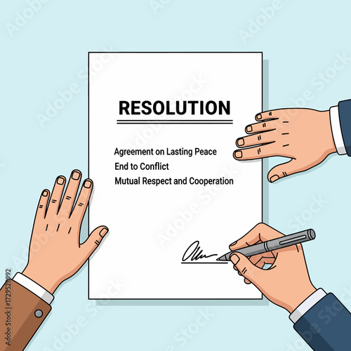 Illustration of a resolution document being signed, symbolizing agreement and cooperation for peace.
