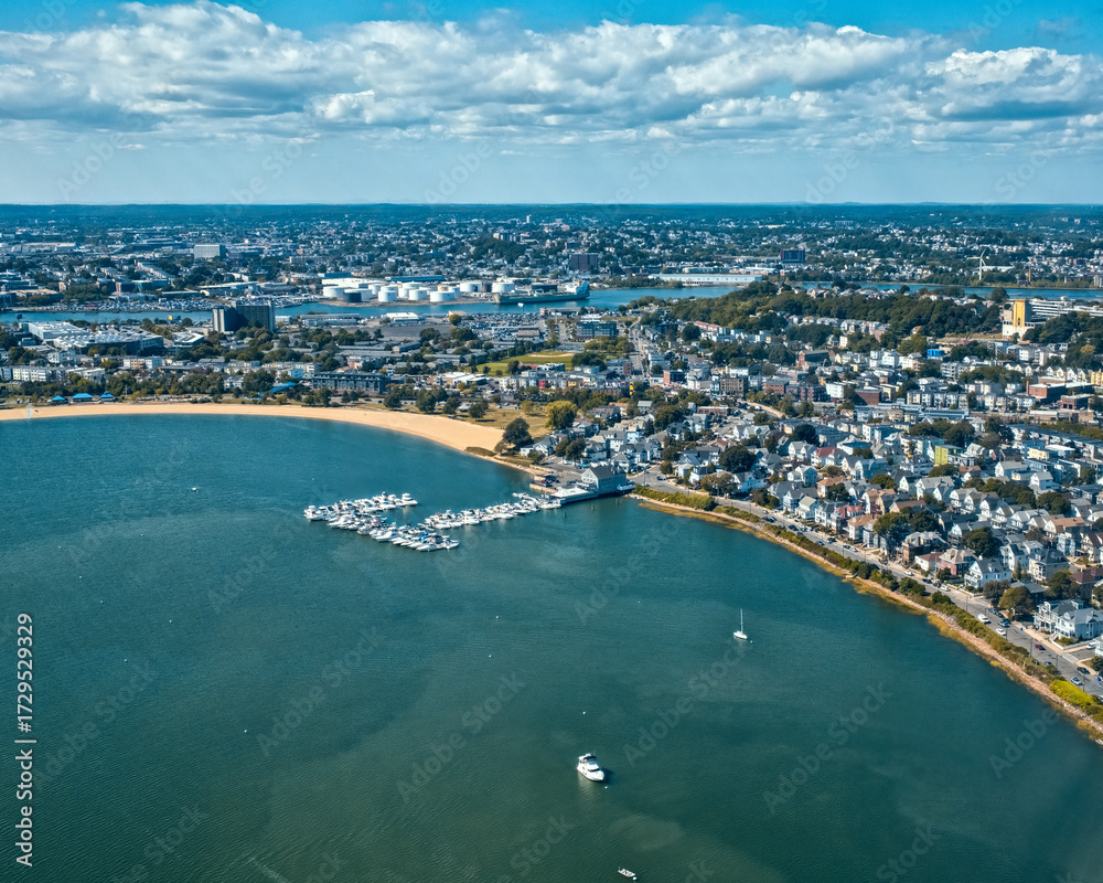 Obraz premium Aerial view of Constitution Beach and Orient Heights Yacht Club