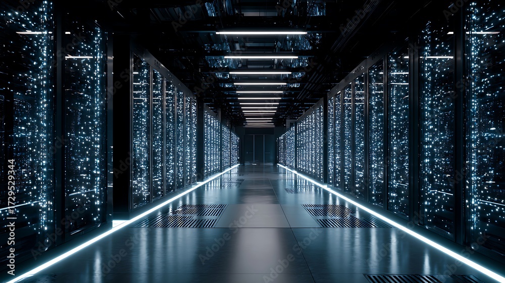 Fototapeta premium Large tunnel of huge data center with amazing lightning background