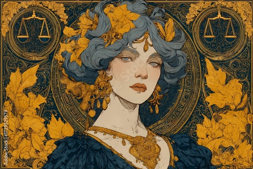 Libra zodiac goddess with golden jewelry and scales in Art Nouveau portrait