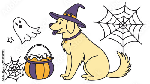 Playful Cheerful Golden Retriever design, styled with wearing glasses and Spooky Fun shades in a Halloween setting