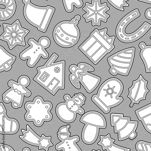 Seamless vector pattern with gingerbread cookies in holiday shapes. Festive Christmas background with traditional baked sweets outline for winter celebration and decoration design.