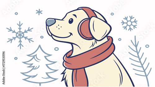 SVG art: A Amused Golden Retriever in a Winter vibe with wearing headphones, tinted with Winter Wonderland tones