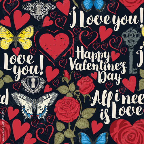 Hand drawn seamless pattern with hearts, butterflies, roses, keys, keyholes and inscriptions of love and Valentine's Day. Greeting card, invitation, wrapping paper, packaging, candy. No AI used