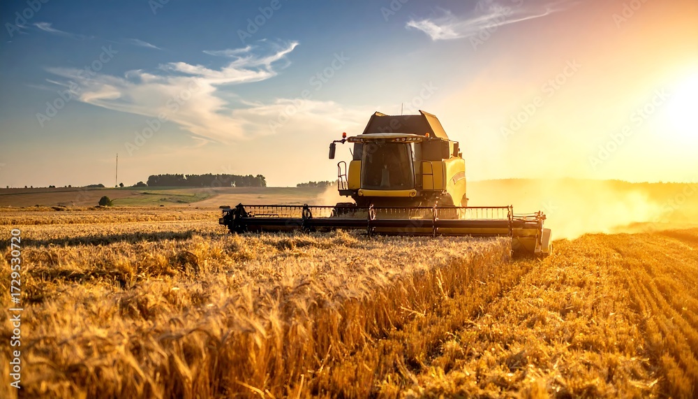 Fototapeta premium Harvester in golden field at sunset