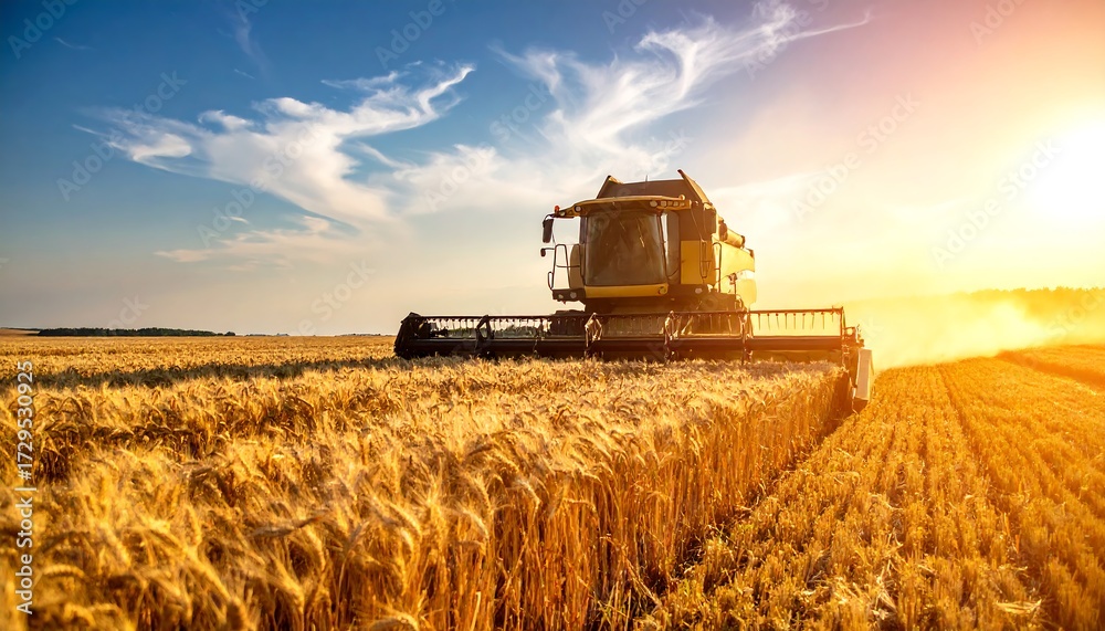 Fototapeta premium Harvester in golden wheat field at sunset