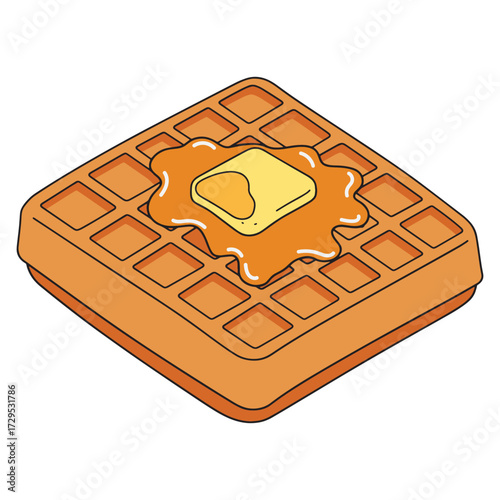 Delicious golden waffle topped with melting butter and sweet syrup, a delightful breakfast or dessert treat