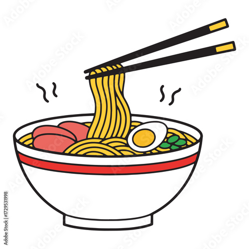 Simple vector illustration of a steaming bowl of traditional Japanese ramen noodle soup with chopsticks lifting the noodles