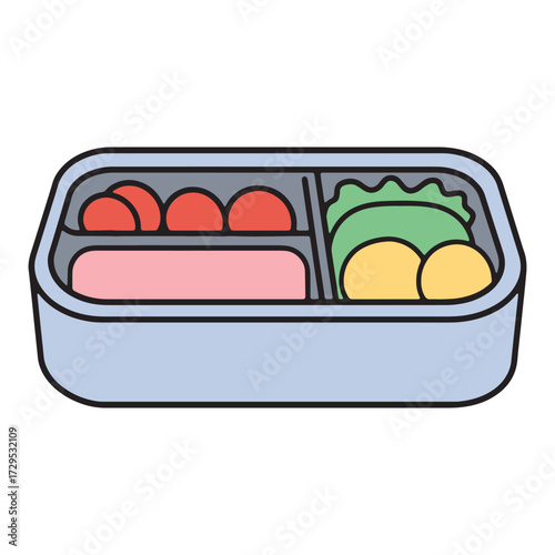 Vibrant and balanced bento box illustration featuring a variety of healthy food compartments, ideal for a convenient and fresh packed lunch, perfect for daily meals or school