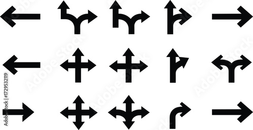 Arrow grid puzzle, directional icons, navigation logic, black arrows, spatial awareness, cognitive test, abstract, curved, straight, decision-making, isolated