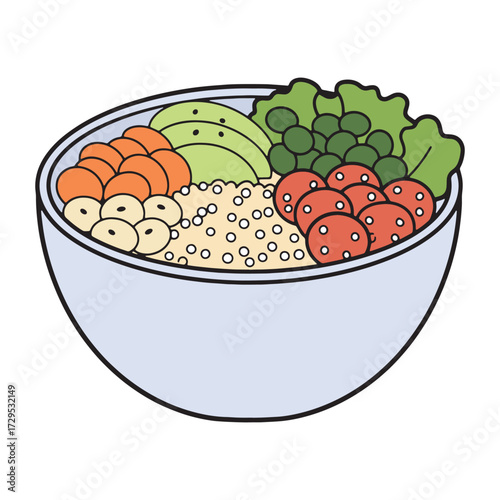 Colorful illustration of a nutritious and delicious buddha bowl with fresh vegetables, avocado, and grains. A concept of healthy eating and balanced diet