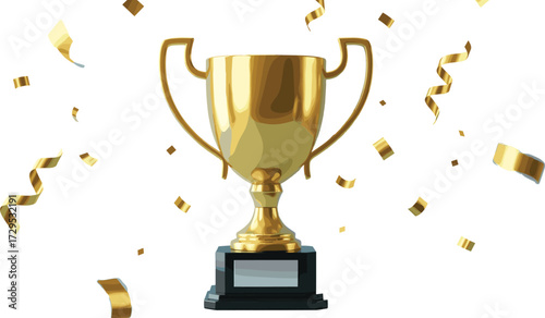 Golden trophy illustration, celebration icon, award symbol, confetti, success, achievement, victory, prize, recognition, black base, silver plate, white background, isolated, festive, honor
