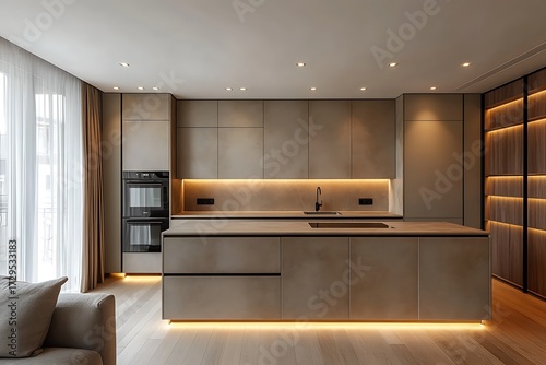 Modern Kitchen Design with Island, Neutral Color Palette, Builtin Appliances, and Wood Accents