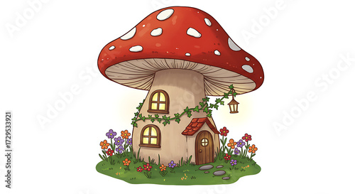 A whimsical, enchanting mushroom house with a red cap and glowing windows stands nestled in a vibrant, colorful garden, adorned with climbing vines and a small lantern, exuding fairy tale charm.