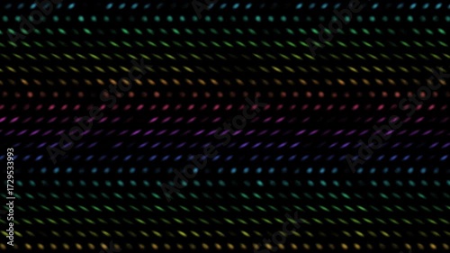 A mesmerizing and dynamic abstract animation of a massive grid of glowing particles flowing rapidly in a harmonic zig-zag pattern across the screen. The visuals utilize an eye-candy color spectrum