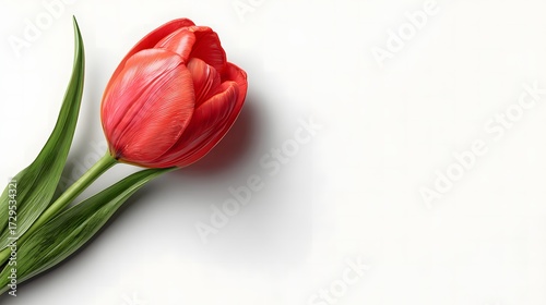 Photorealistic illustration of a single red tulip flower with green stem, isolated on white background.