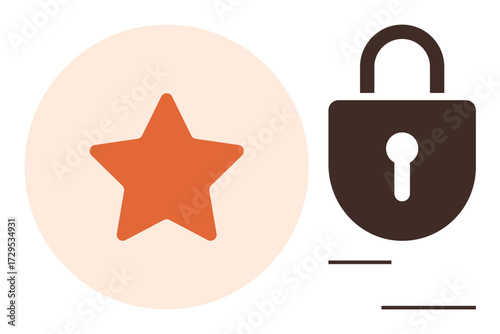 Orange star within circle beside brown padlock with keyhole emphasizes trust, security, premium quality, data protection, ranking, privacy, and assurance. Ideal for business, branding cybersecurity