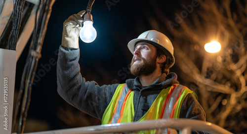 Worker replaces street light bulb at night in urban setting with safety gear and bright light illuminating the surroundings Generative AI
