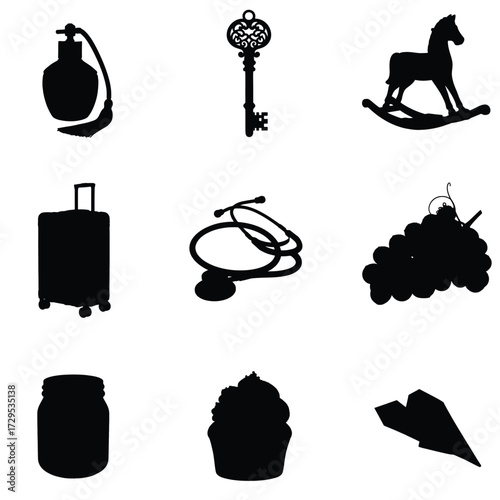 Diverse collection of iconic silhouette objects representing travel, health, childhood, and everyday life for modern design projects