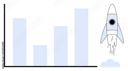 Bar chart rising alongside a launching rocket in simple blue and white design. Ideal for growth, progress, innovation, startup, success, data analysis, performance boost simple flat metaphor
