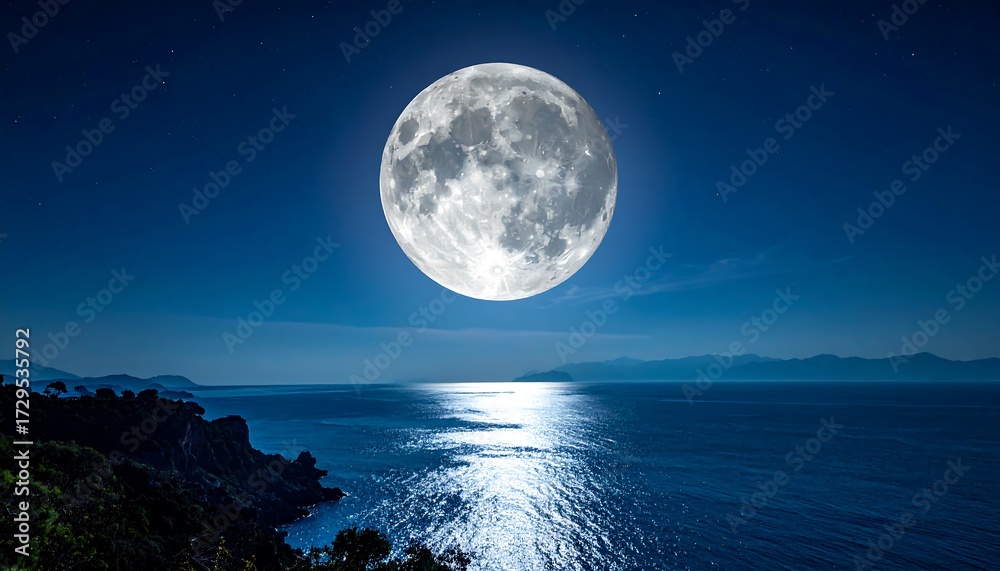 Fototapeta premium Full moon over tranquil coastline at night