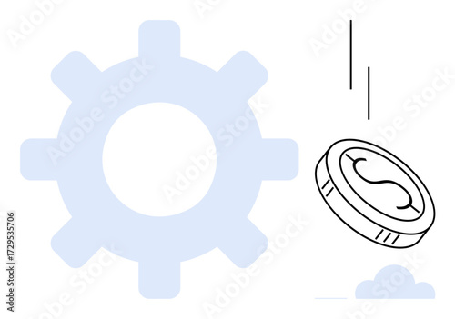 Coin descending beside a gear, illustrating financial interaction, economic growth, investment efficiency, and collaboration. Ideal for business, economy, finance, industrial processes innovation