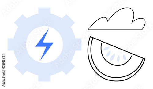 Gear with lightning bolt expressing power and efficiency, watermelon slice underlined by a cloud symbolizing nature. Ideal for energy, technology, environment, sustainability, efficiency, innovation