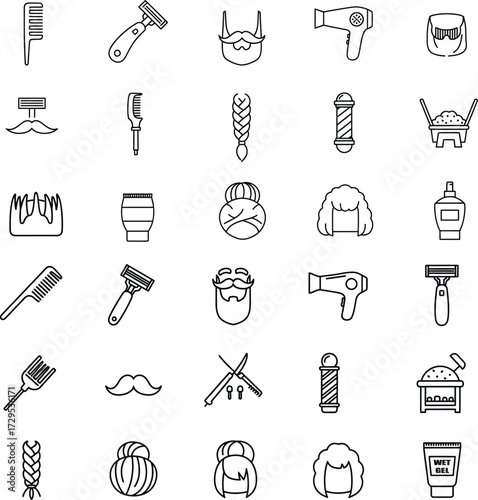 Collection of barber shop and hair salon icons, including combs, razors, hair dryers, scissors, barber poles, mustaches, beards, and various hairstyles, all isolated on a white background