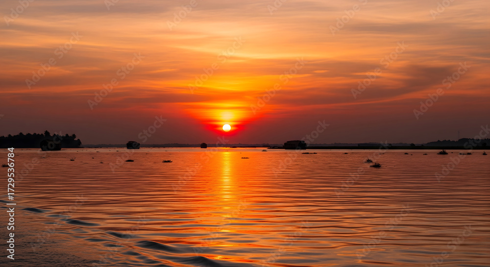 Obraz premium A stunning orange and red sunset dips below the horizon over a wide expanse of shimmering water in the Kerala Backwaters of India. Generative AI.