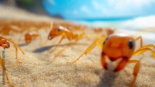 Close-up view of many orange ants marching across a sandy beach.