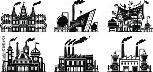 Stylized industrial factory illustration set, black and white vector, factories with smokestacks tanks conveyors gears, creative architecture design, cad drawing flat vector illustration