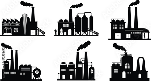 Factory silhouette, industrial building, manufacturing plant, smoke chimney, refinery structure, power station, heavy industry, pollution concept, black vector, cad drawing flat vector illustration