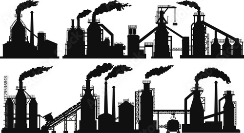 Factory silhouette, industrial building, manufacturing plant, smoke chimney, refinery structure, power station, heavy industry, cooling tower, conveyor system, cad drawing flat vector illustration