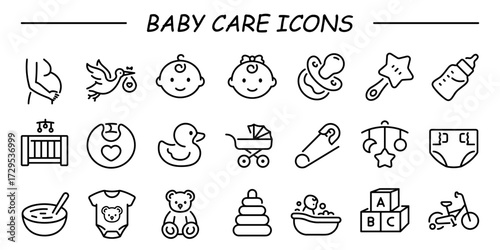 Baby care icon set with gift, girl, boy, swing, child bed, doll, diaper, baby stroller, bike, lolipop, bottle and other.