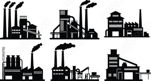 Industrial factory silhouette vector illustration set, black manufacturing plant icons with chimneys, smoke, storage tanks, conveyor belts, pipes, towers, urban industry design