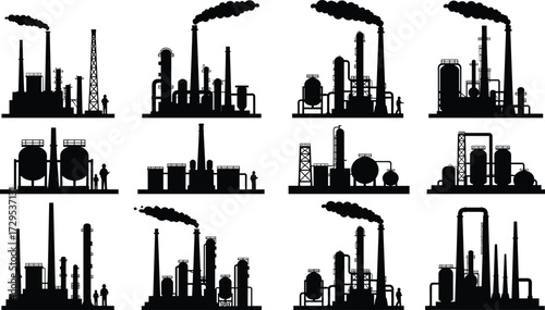 Factory silhouette, oil refinery, chemical plant, industrial building, smoke chimney, distillation tower, storage tanks, piping system, heavy industry, cad drawing flat vector illustration