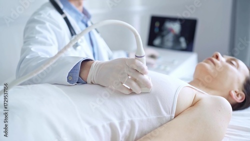 Doctor man using ultrasound equipment on the breast of a female patient. Female breast cancer prevention. mammary gland health. Medicine concept