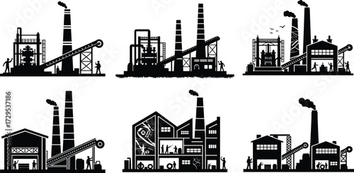 Industrial factory silhouette vector illustration, manufacturing plant with smokestacks, machinery, gears, workers, pipes, tanks, conveyor belts, black and white design, economy, industry
