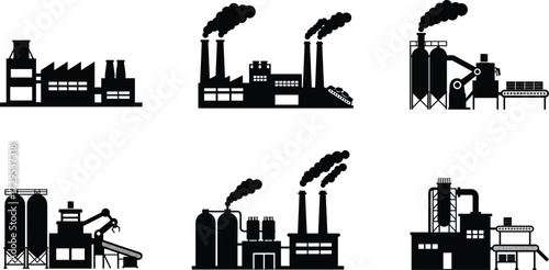 Industrial factory silhouette vector illustration set, black manufacturing plant icons with chimneys, smoke, storage tanks, conveyor belts, machinery, urban industry design elements