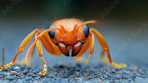 Close-up view of an orange ant, showcasing intricate details of its body and legs on a textured surface.