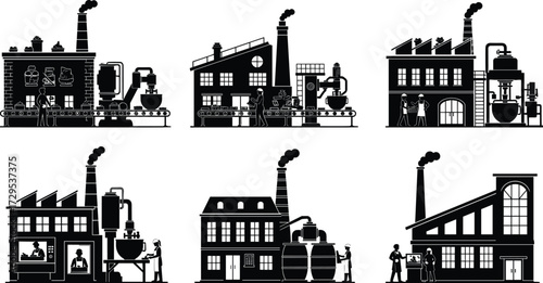 Industrial factory, manufacturing plant, production facility, heavy industry, smokestacks, machinery, workers, conveyor belt, processing plant, refinery, cad drawing flat vector illustration