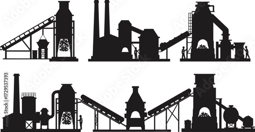 Industrial factory, manufacturing plant, heavy machinery, smoke chimney, conveyor belt, workers, pollution, energy, process, sustainability