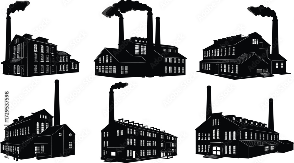 Fototapeta premium Industrial factory silhouette, manufacturing plant, production facility, heavy industry, smokestacks, machinery, refinery, workers, construction, power station, cad drawing flat vector illustration