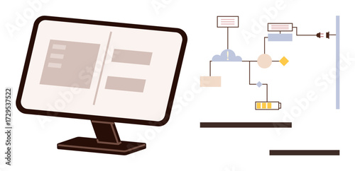 Computer monitor with interface next to flowchart depicting process automation and progress tracking. Ideal for technology, management, organization, efficiency, communication, decision-making