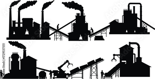 Industrial factory, manufacturing plant, smoke chimney, conveyor belt, workers, machinery, automation, robotic arm, pollution, energy, process, sustainability, ecology, recycle, production