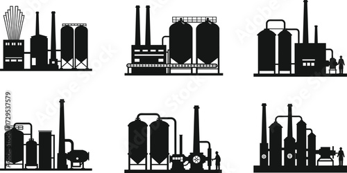 Industrial factory silhouette, manufacturing plant, production facility, heavy industry, smokestacks, refinery, machinery, workers, automation, power station, cad drawing flat vector illustration