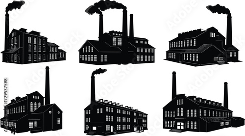 Industrial factory silhouette, manufacturing plant, production facility, heavy industry, smokestacks, machinery, refinery, workers, construction, power station, cad drawing flat vector illustration